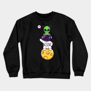 Cute Astronaut Siting On Moon With Alien Cartoon Crewneck Sweatshirt